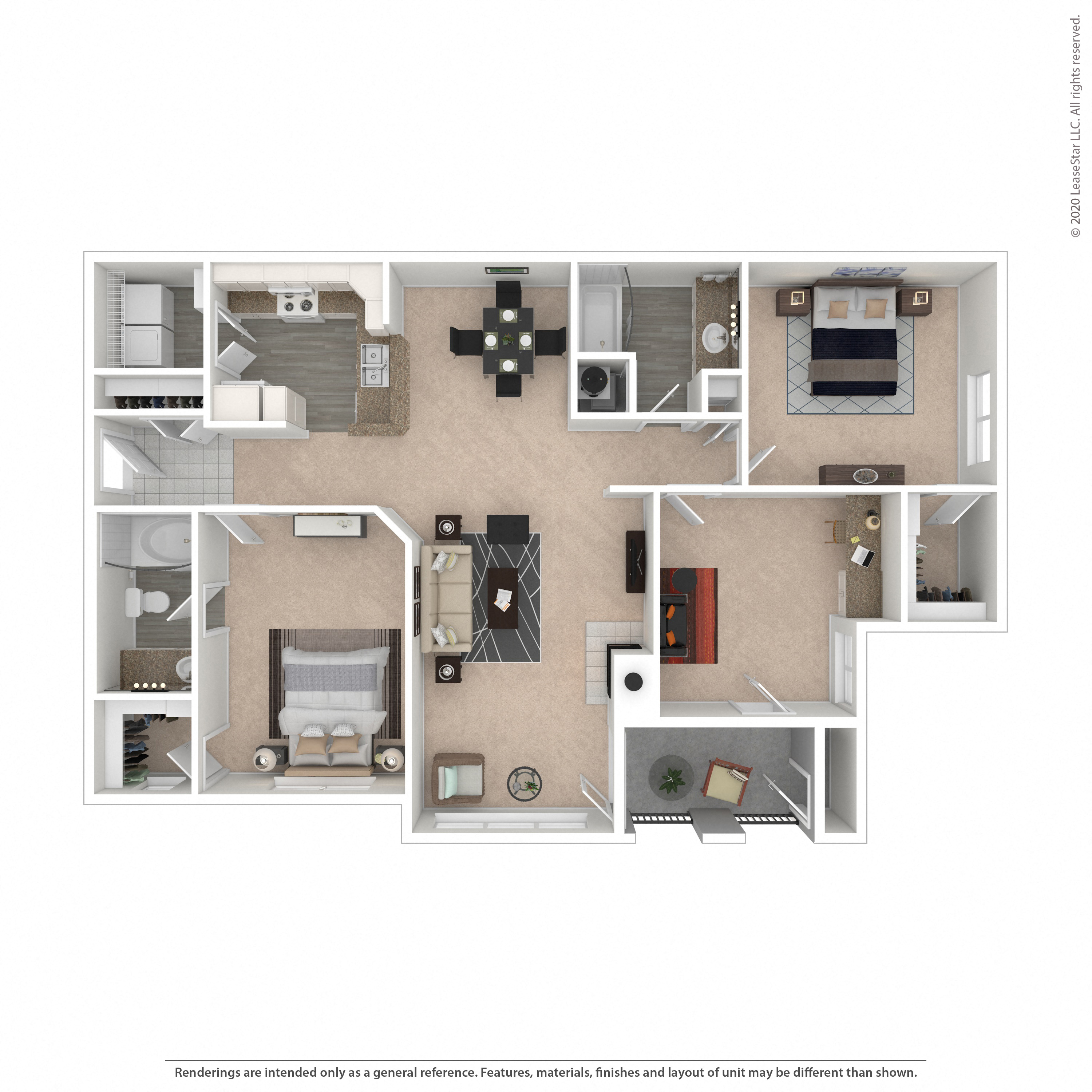 Floor plan for 3 beds, 2 baths, 1385 sqft